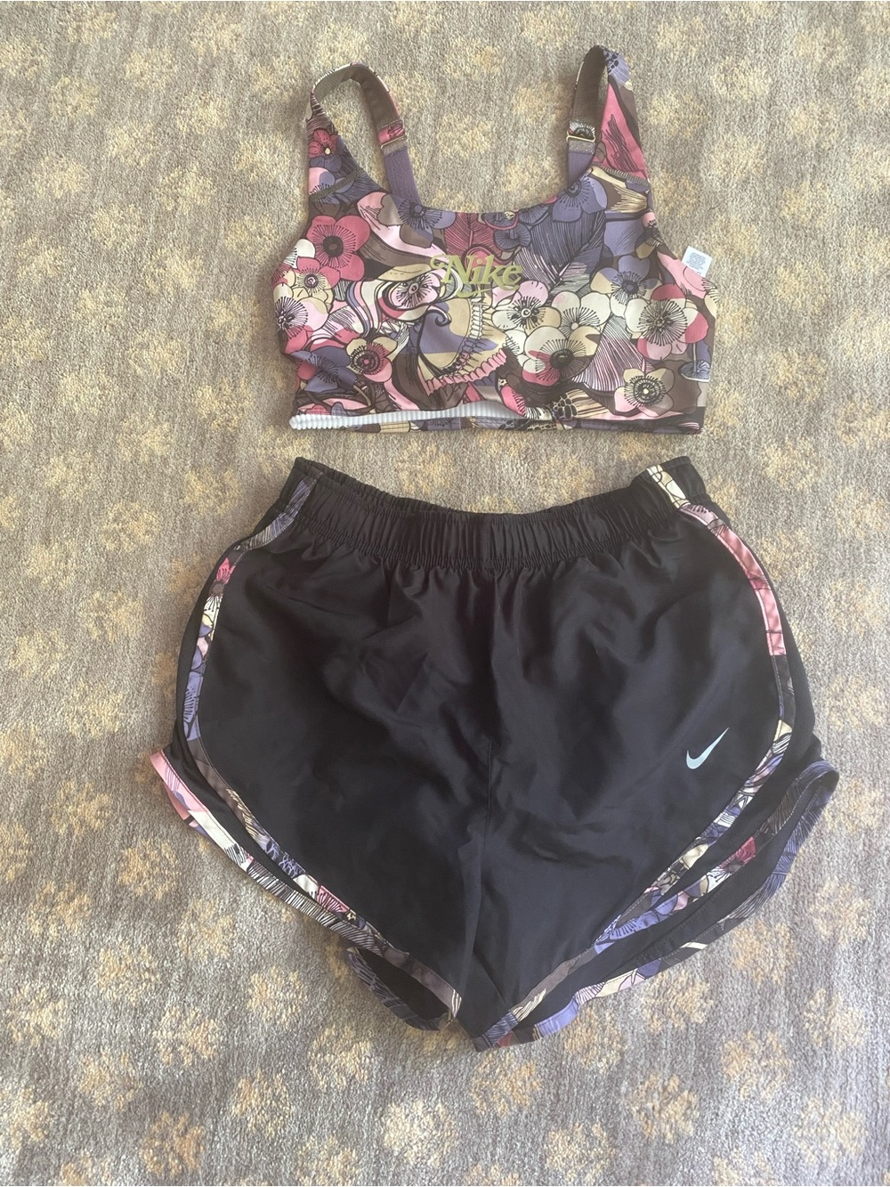 Nike Black Running Shorts with Floral Trim & Multi-Color Floral Sports Bra